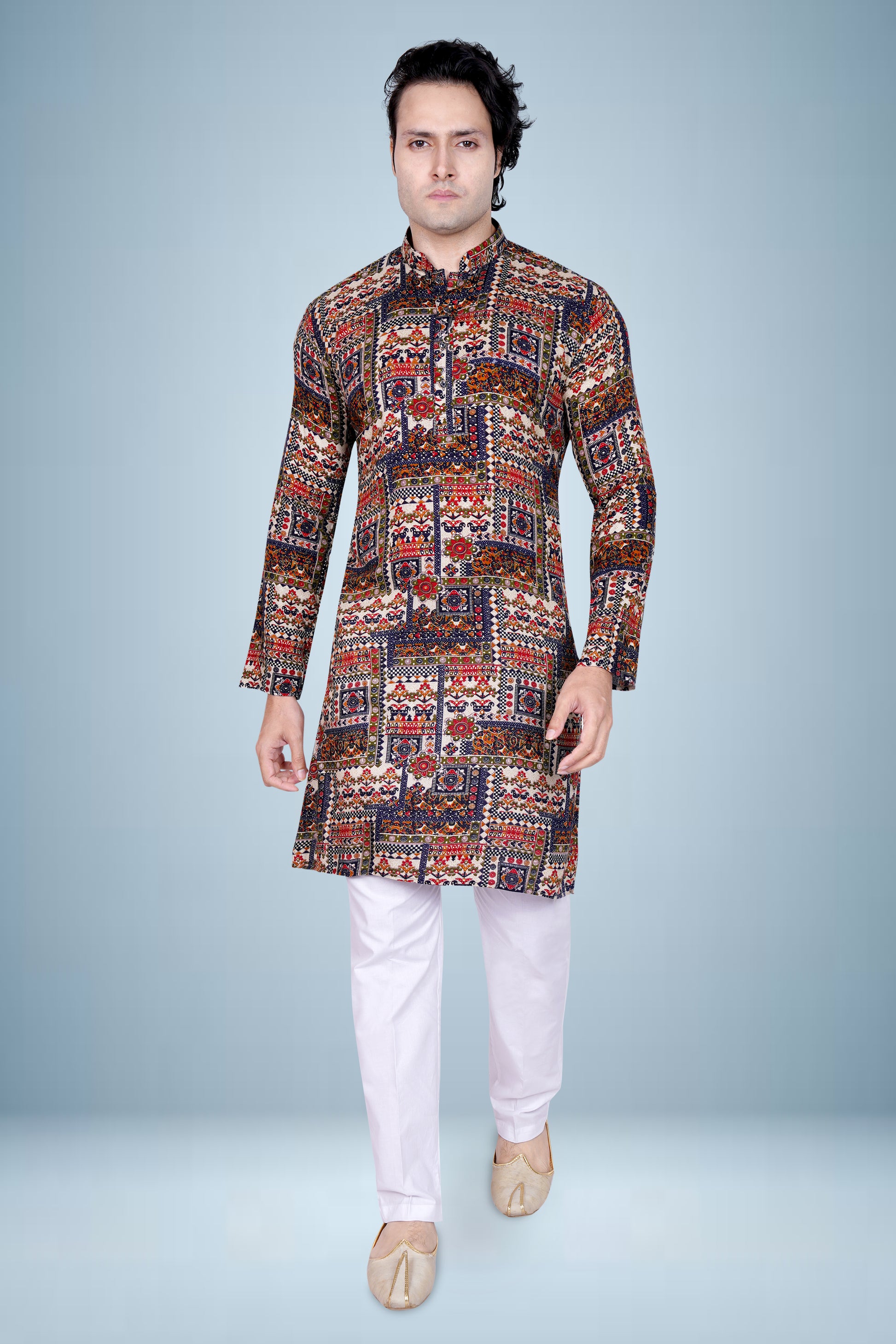 "Men's Multicolor Patchwork Print Kurta - Festive & Traditional Indian Ethnic Wear"