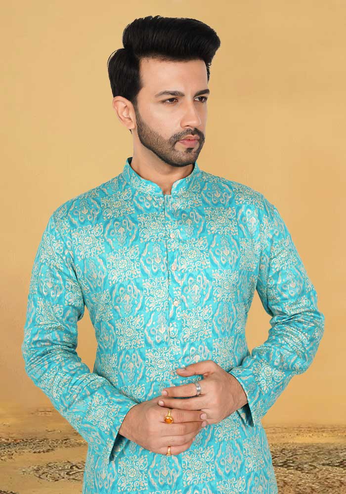 Blue Printed Cotton Kurta