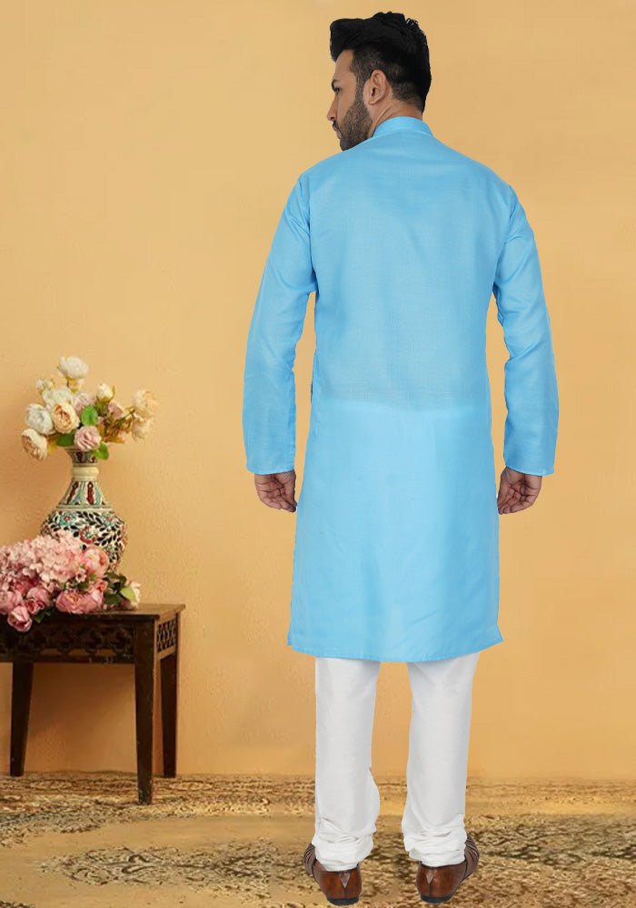 light blue cotton kurta with a mandarin collar