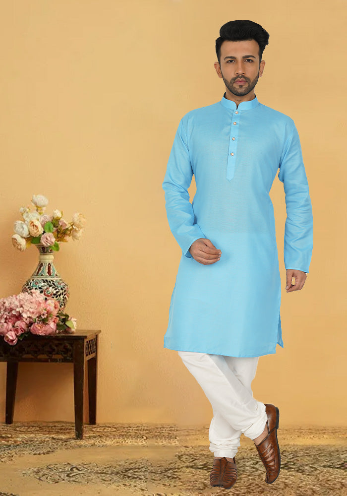 light blue cotton kurta with a mandarin collar