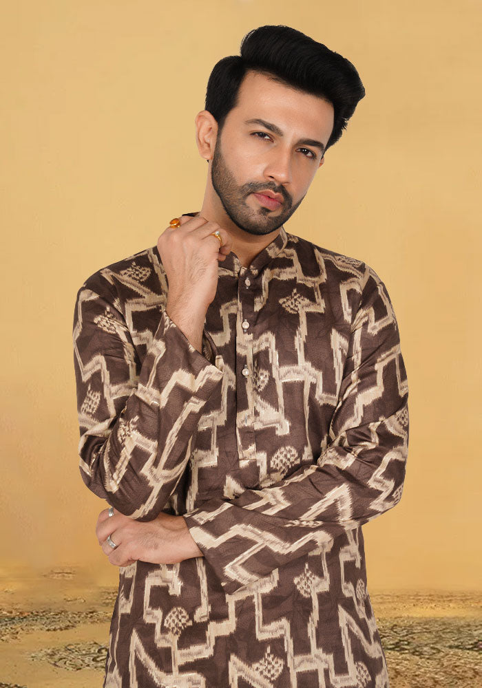 Printed Brown Cotton Kurta