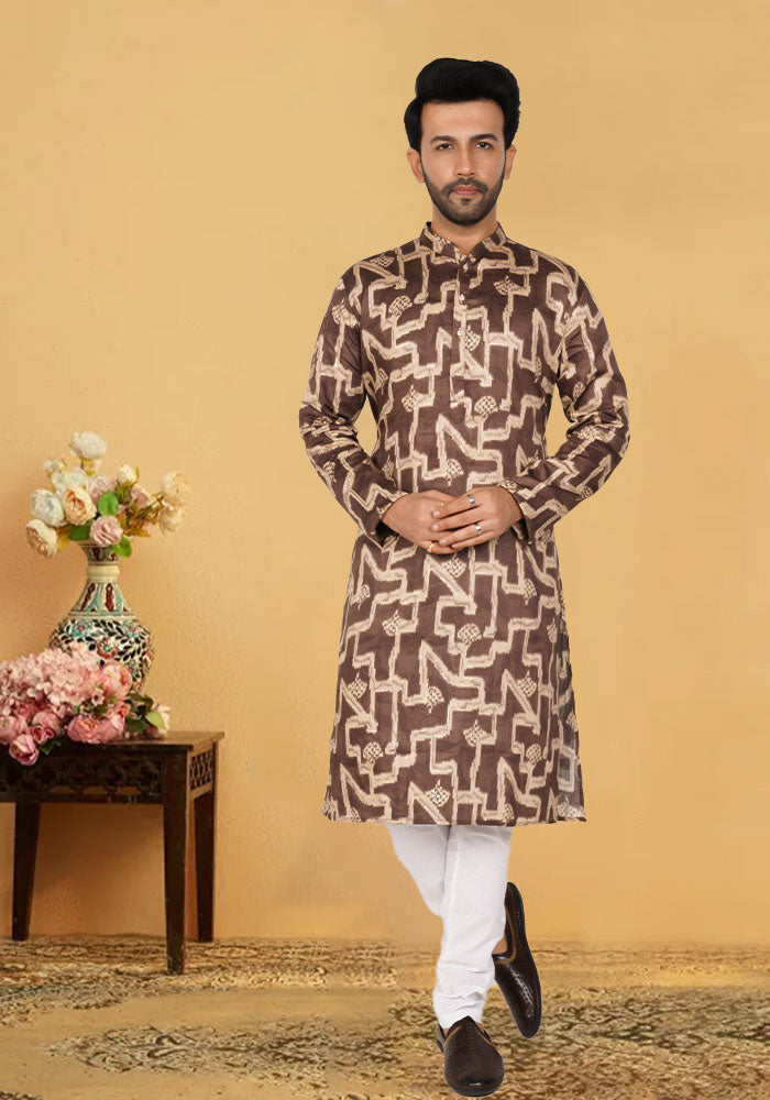 Printed Brown Cotton Kurta