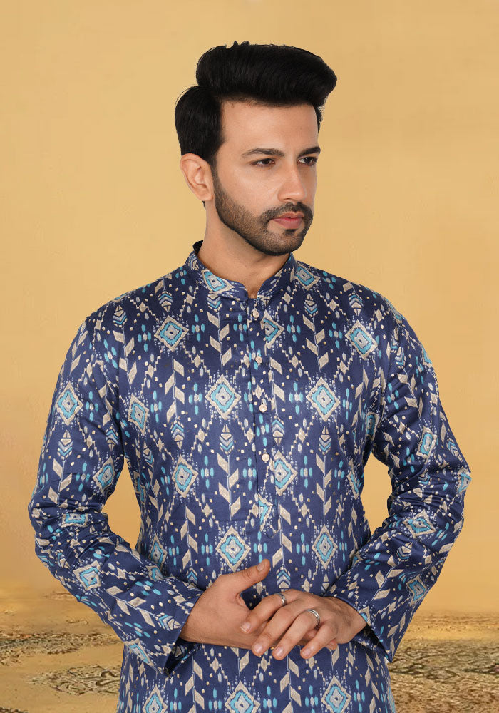 Royal Blue Printed Cotton Kurta