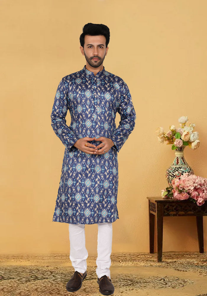 Royal Blue Printed Cotton Kurta