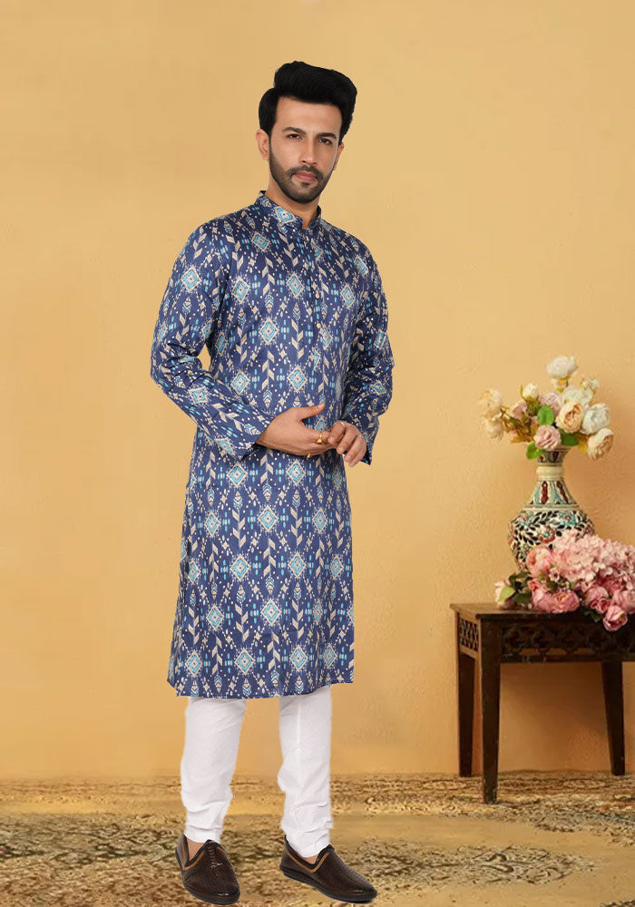 Royal Blue Printed Cotton Kurta