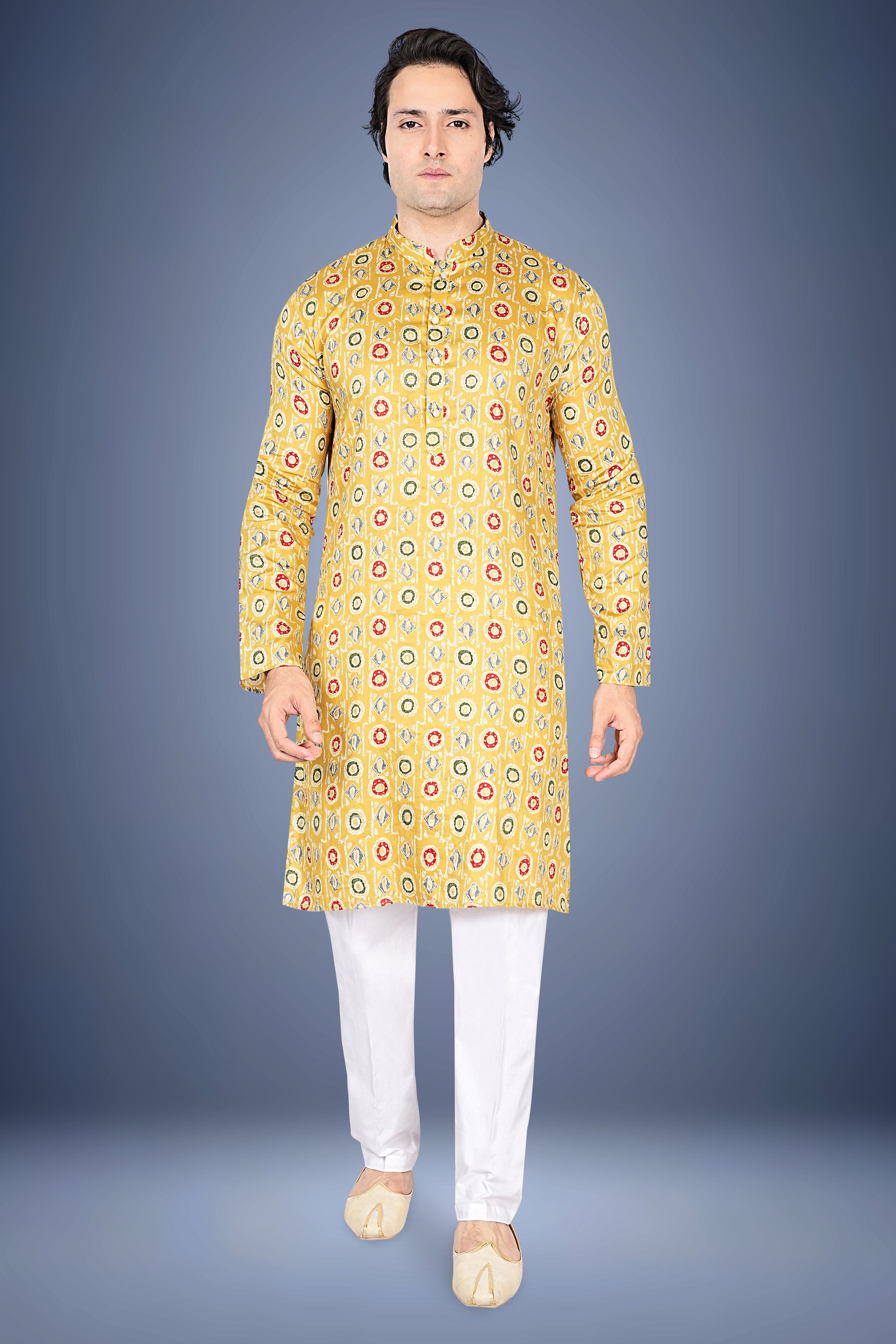 "Yellow Cotton Kurta for Festivals - Bandhani Style Abstractric Print"