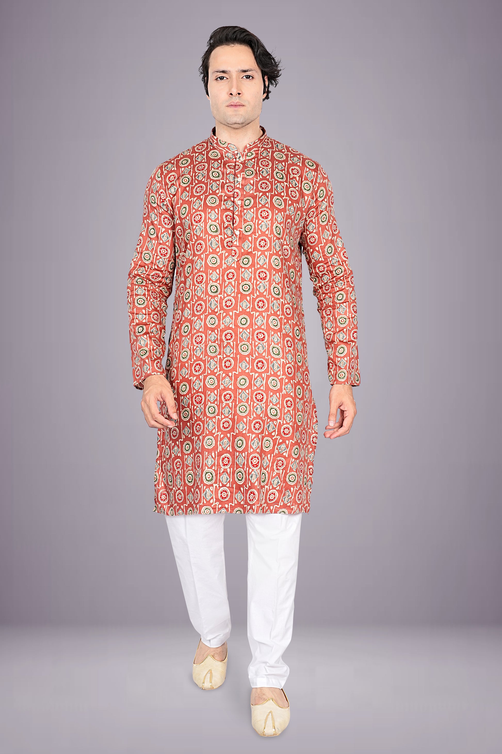 "Modern Heritage Geometric Print Cotton Kurta for Men"