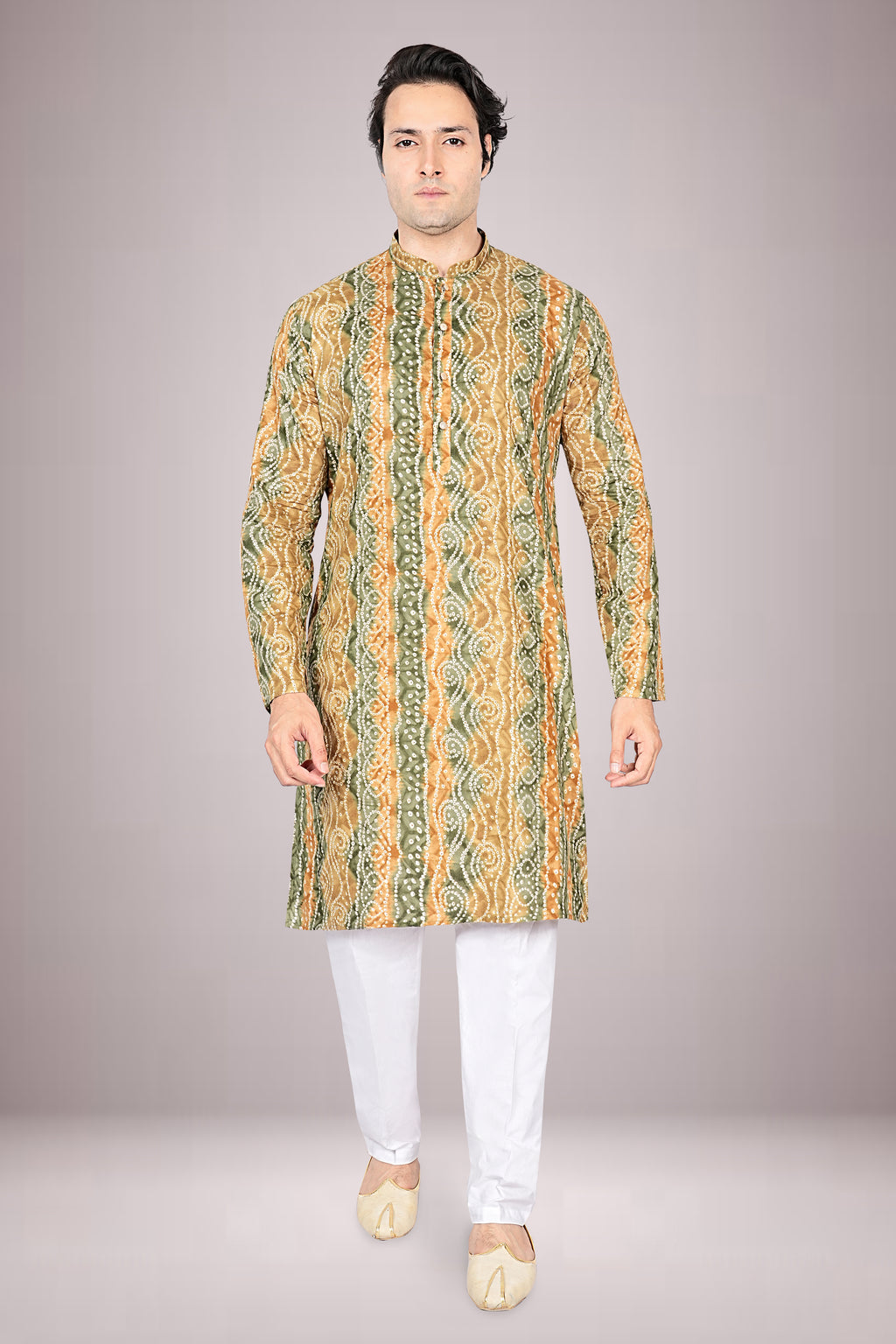 "Subtle Festive Lehariya Bandhani Printed Kurta for the Everyday Gentleman"