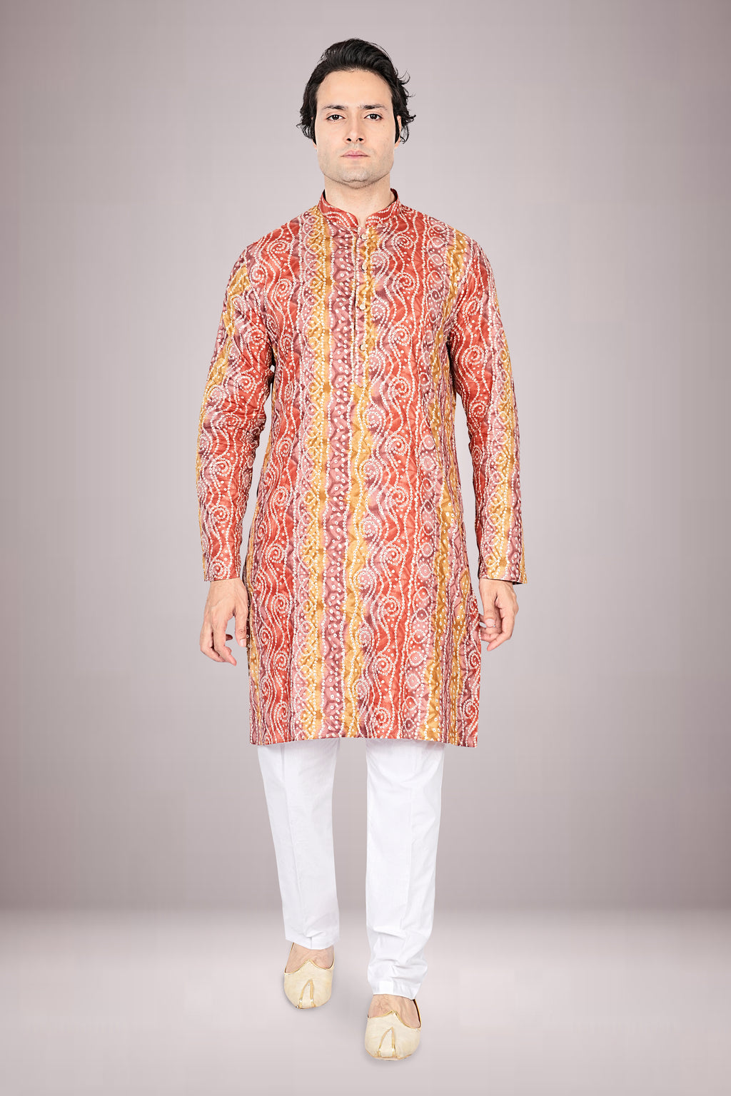 "Men's Lehariya Bandhani Cotton Printed Kurta - Perfect for Ganesh Chaturthi Celebrations"