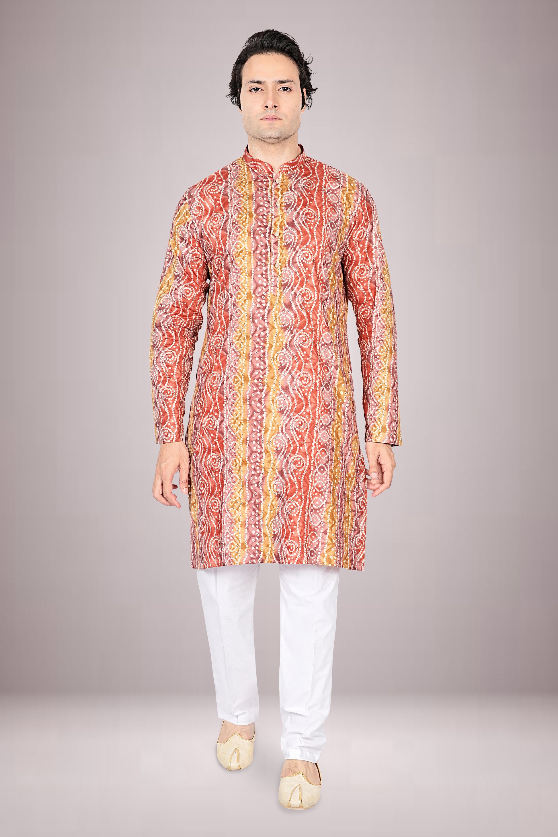 "Men's Lehariya Bandhani Cotton Printed Kurta - Perfect for Ganesh Chaturthi Celebrations"