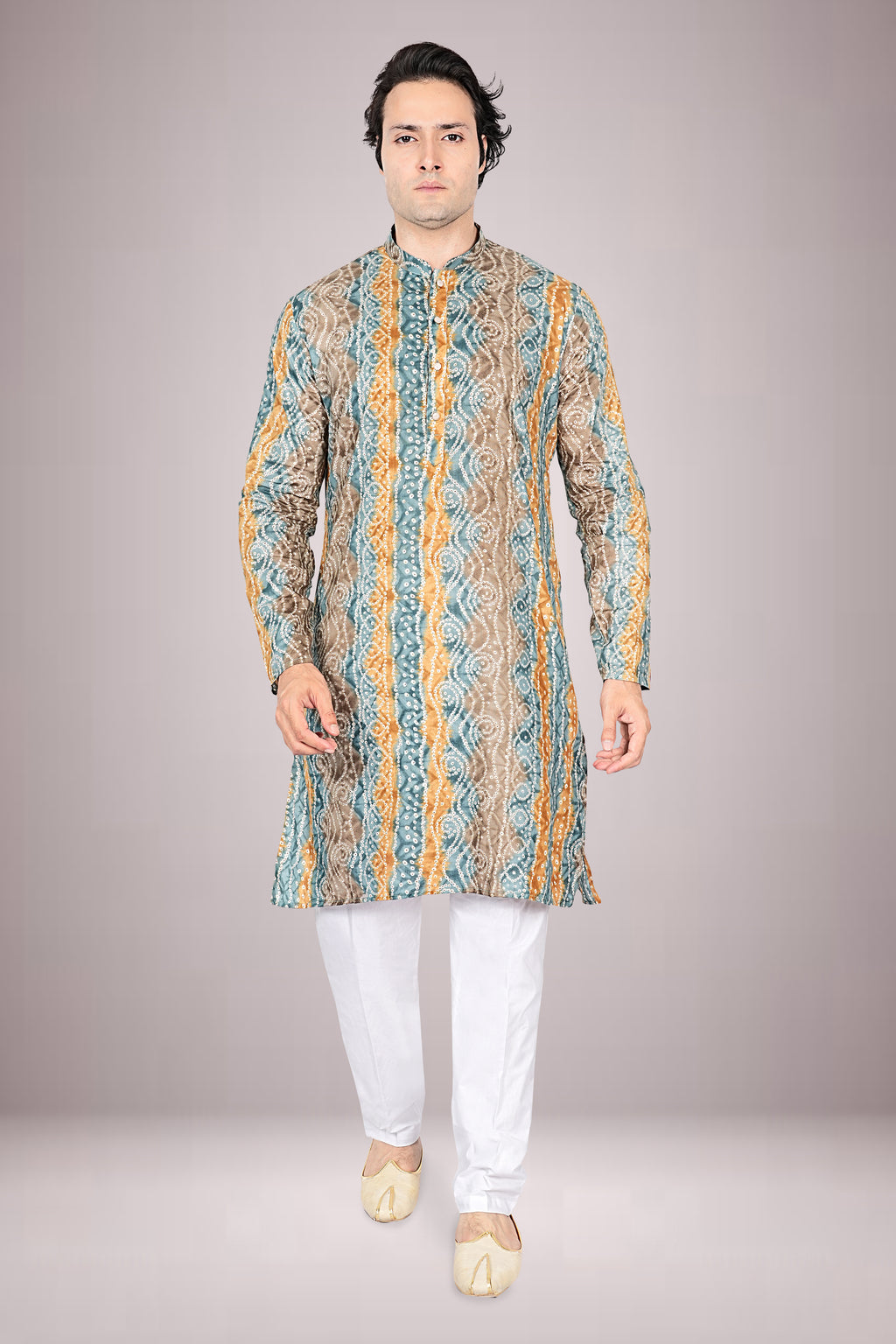 "Printed Lehariya Bandhani Cotton Kurta for Men - Ethnic Wear for Navratri Garba Nights"