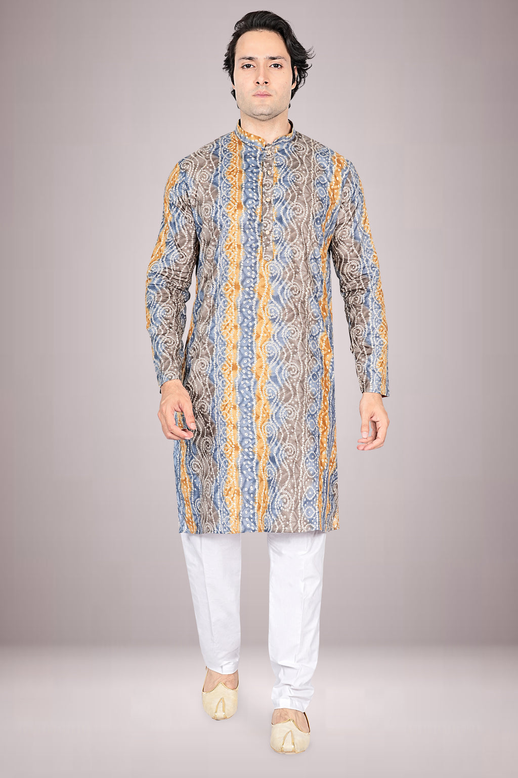 "Men's Festive Lehariya Bandhani Cotton Kurta - Elegant look for Diwali & Pujas"