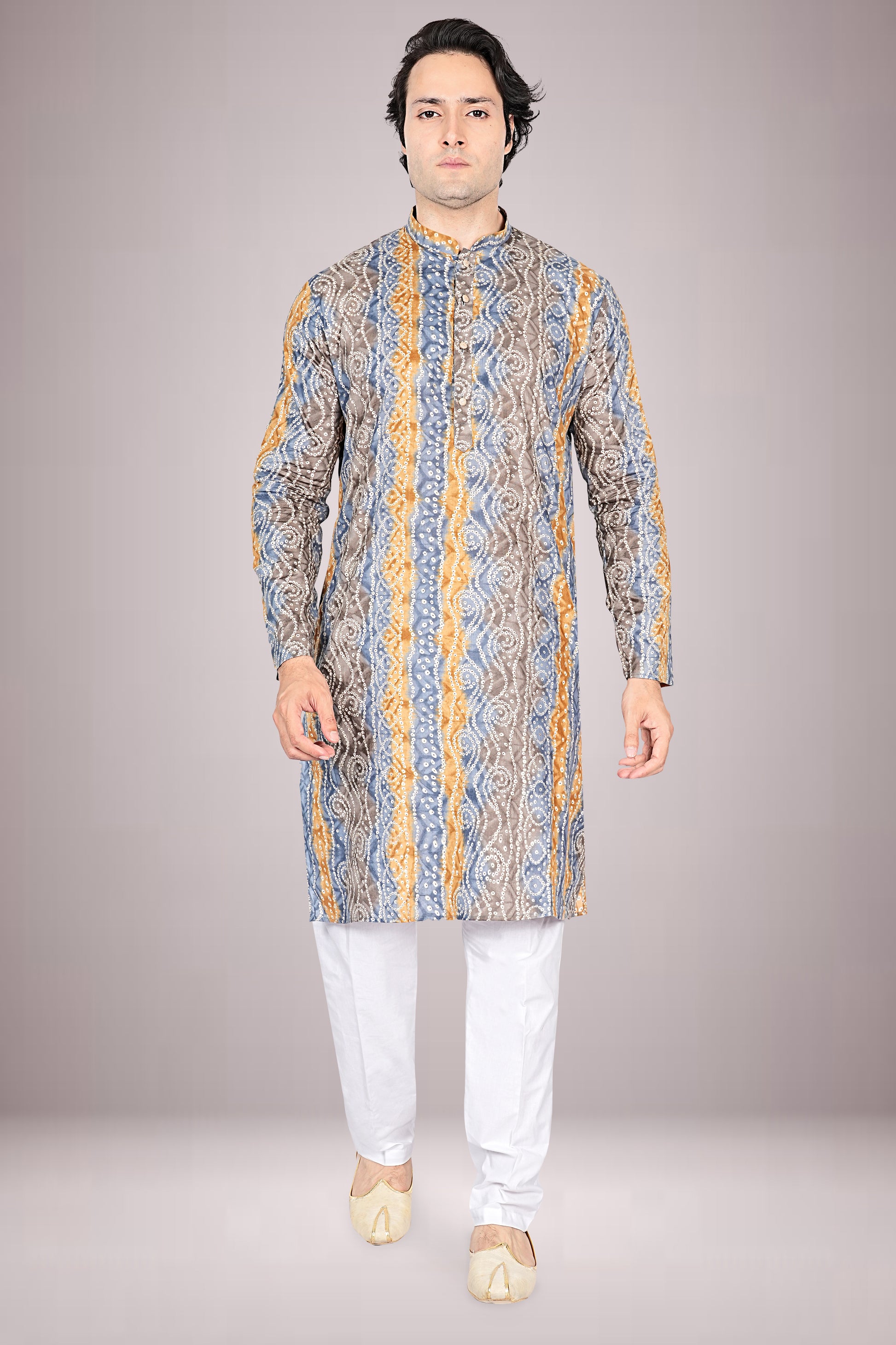"Men's Festive Lehariya Bandhani Cotton Kurta - Elegant look for Diwali & Pujas"