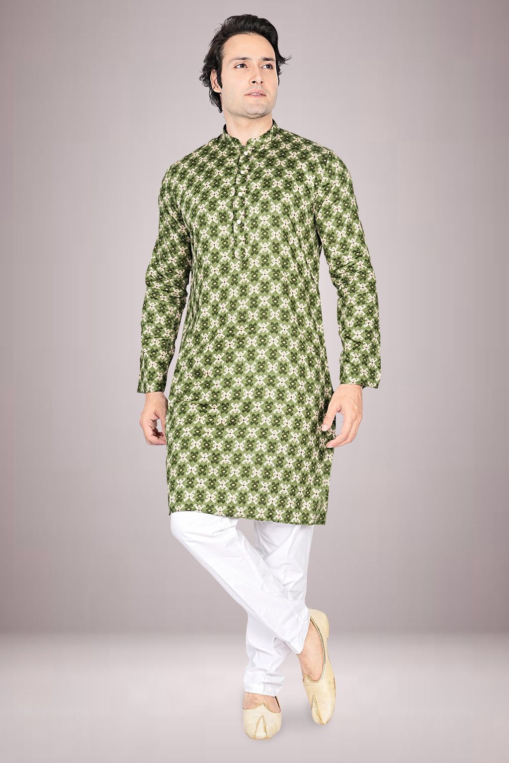 "Elegant Patola Cotton Kurta for Men - Subtle Prints for Religious Ceremonies"