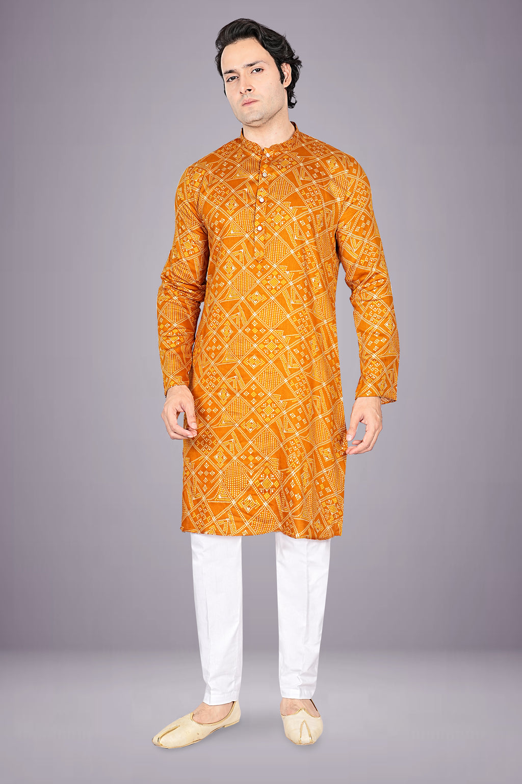 "Men's Traditional Bandhani Cotton Kurta - Ideal for Bhai Dooj Celebrations"