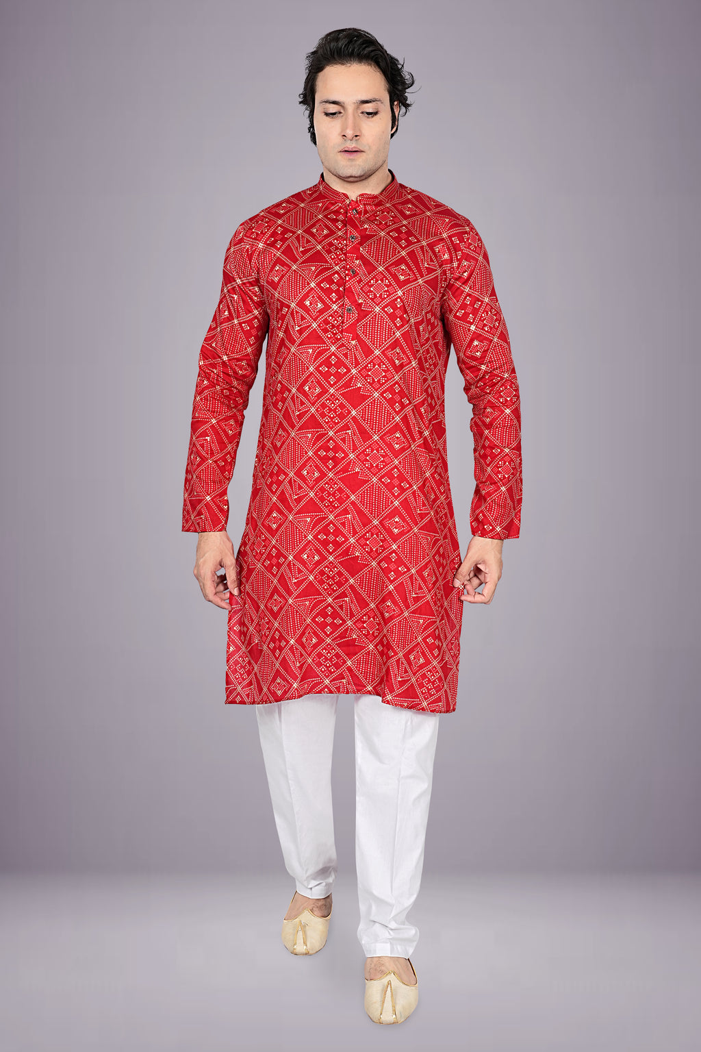 "Men's Bandhani Cotton Kurta with Traditional Prints - Ideal for Janmashtami Puja"
