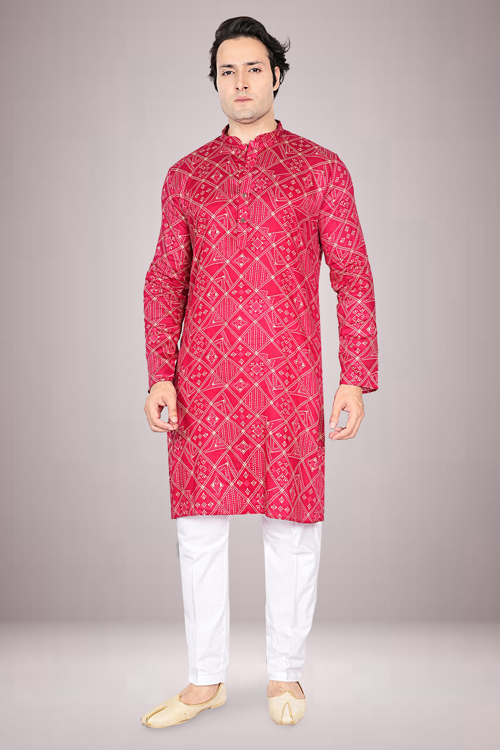 "Bandhani Printed Cotton Kurta for Men - Light Festive Wear"