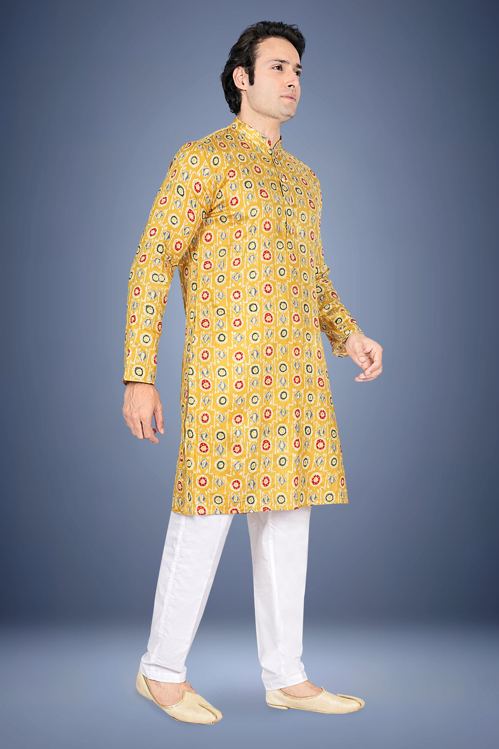 "Yellow Cotton Kurta for Festivals - Bandhani Style Abstractric Print"