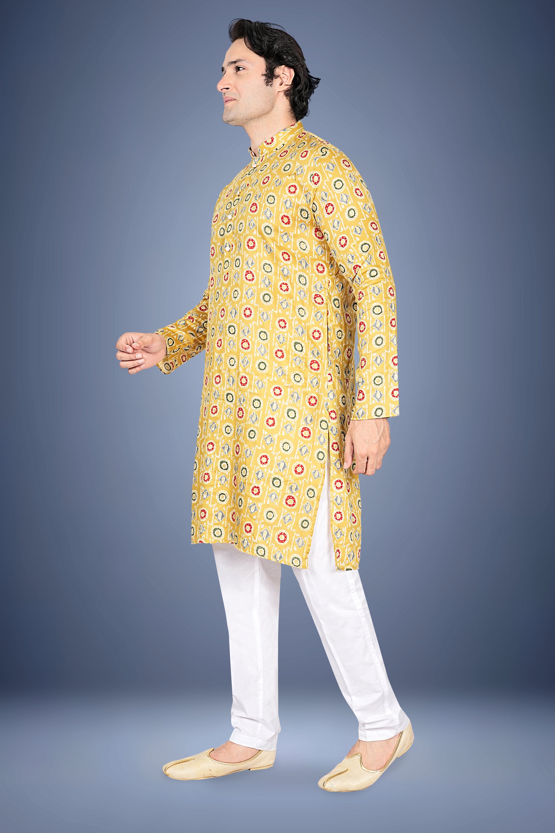 "Yellow Cotton Kurta for Festivals - Bandhani Style Abstractric Print"