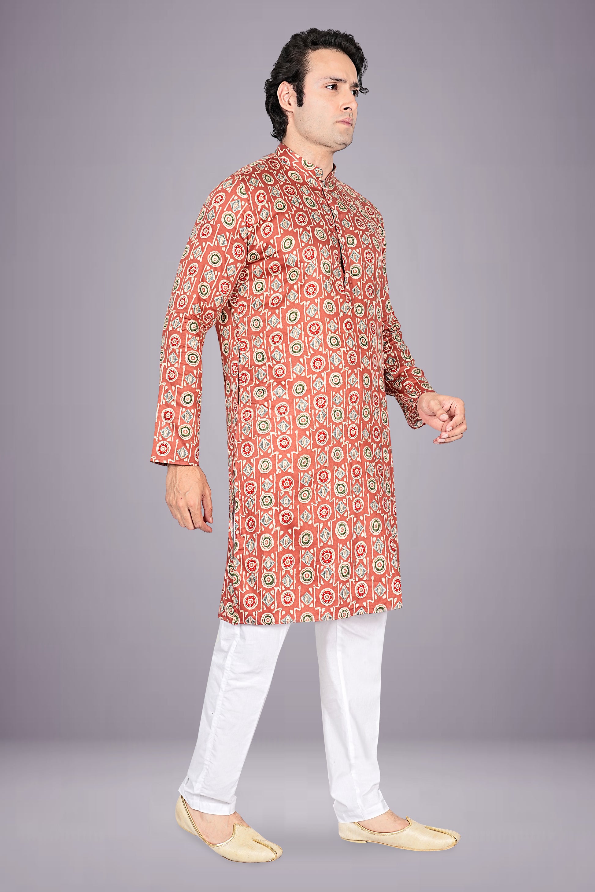 "Modern Heritage Geometric Print Cotton Kurta for Men"