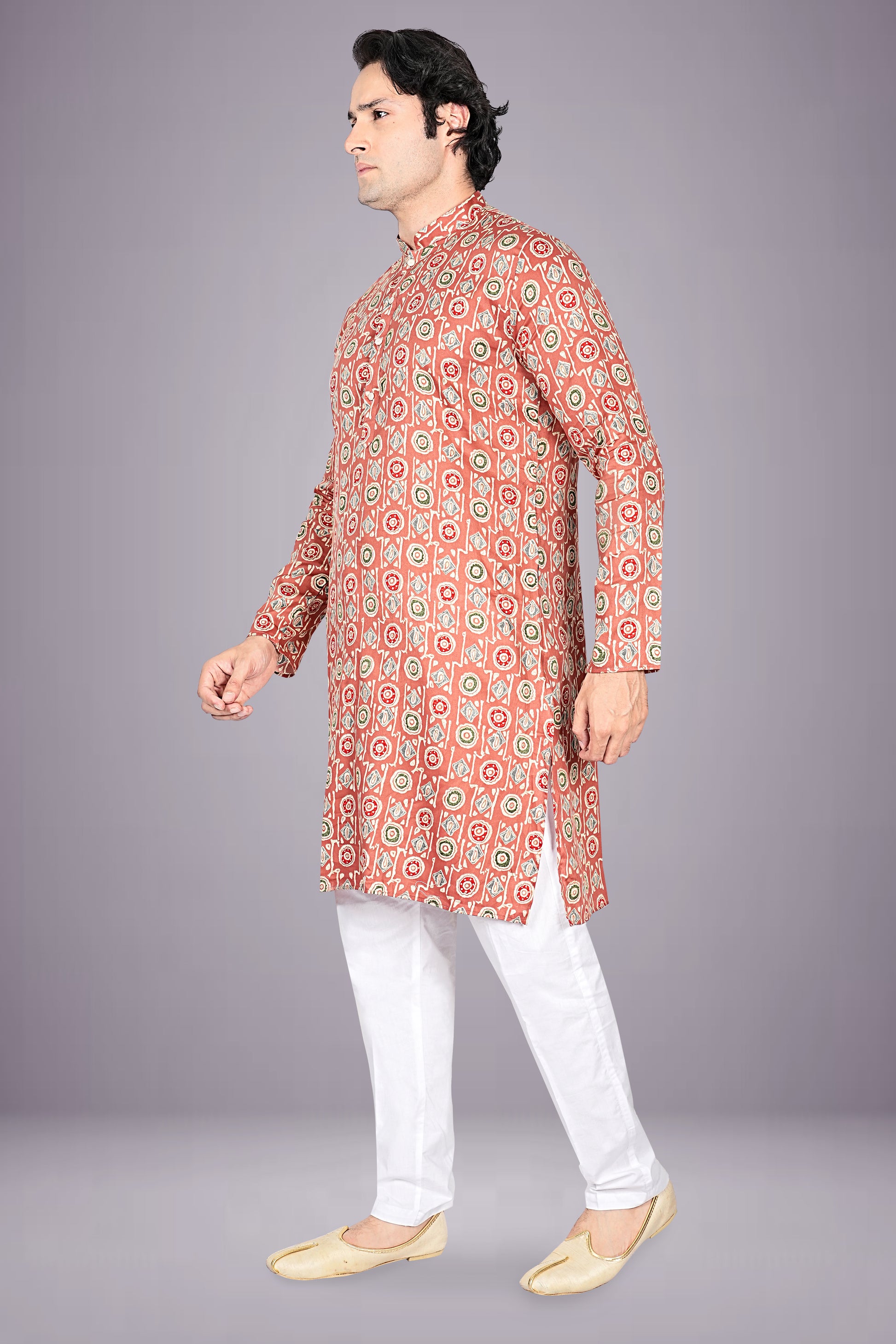 "Modern Heritage Geometric Print Cotton Kurta for Men"