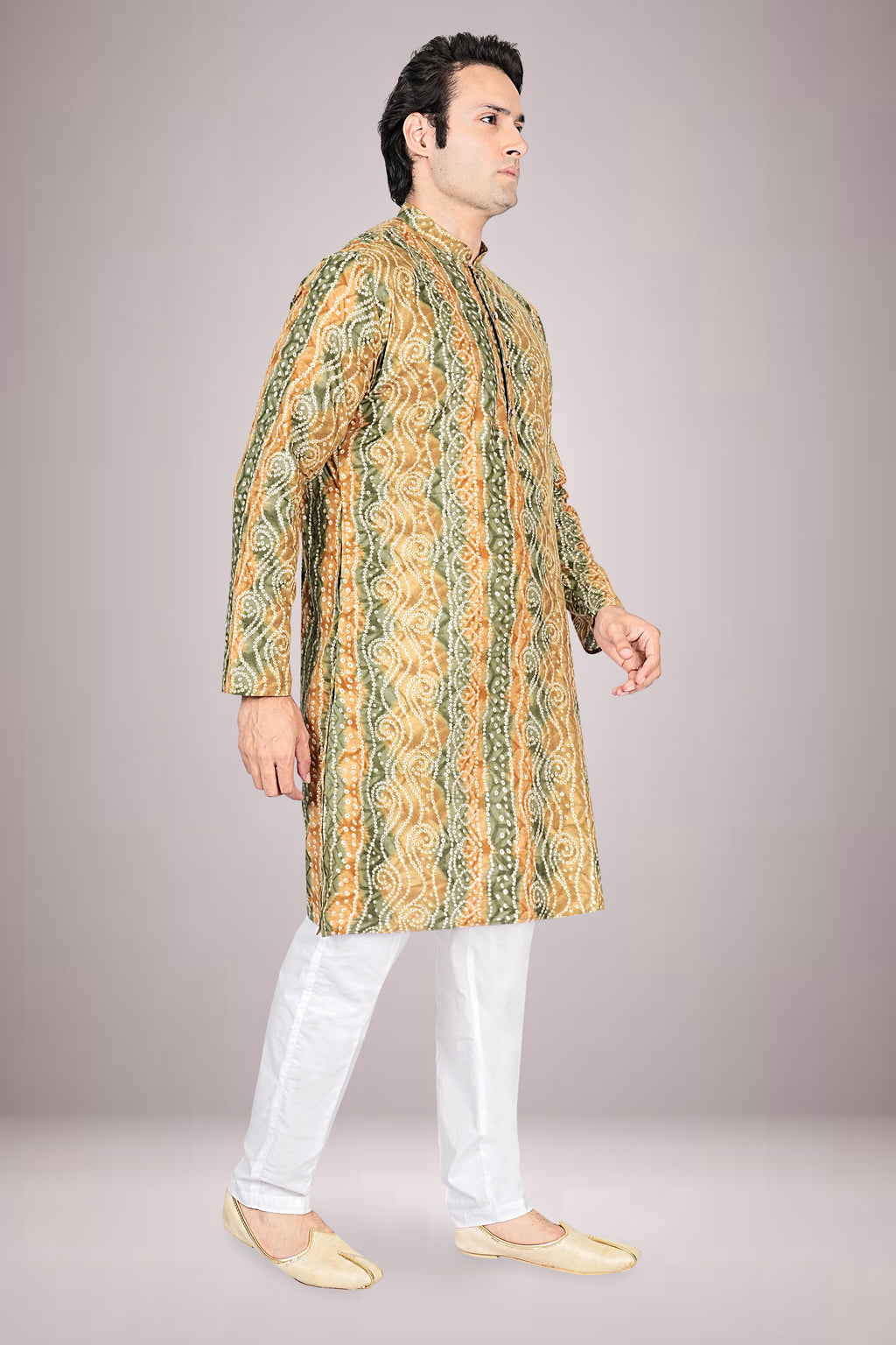 "Subtle Festive Lehariya Bandhani Printed Kurta for the Everyday Gentleman"