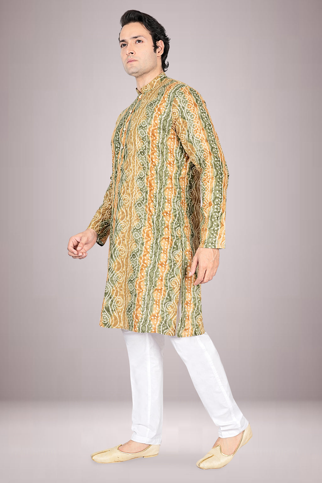 "Subtle Festive Lehariya Bandhani Printed Kurta for the Everyday Gentleman"