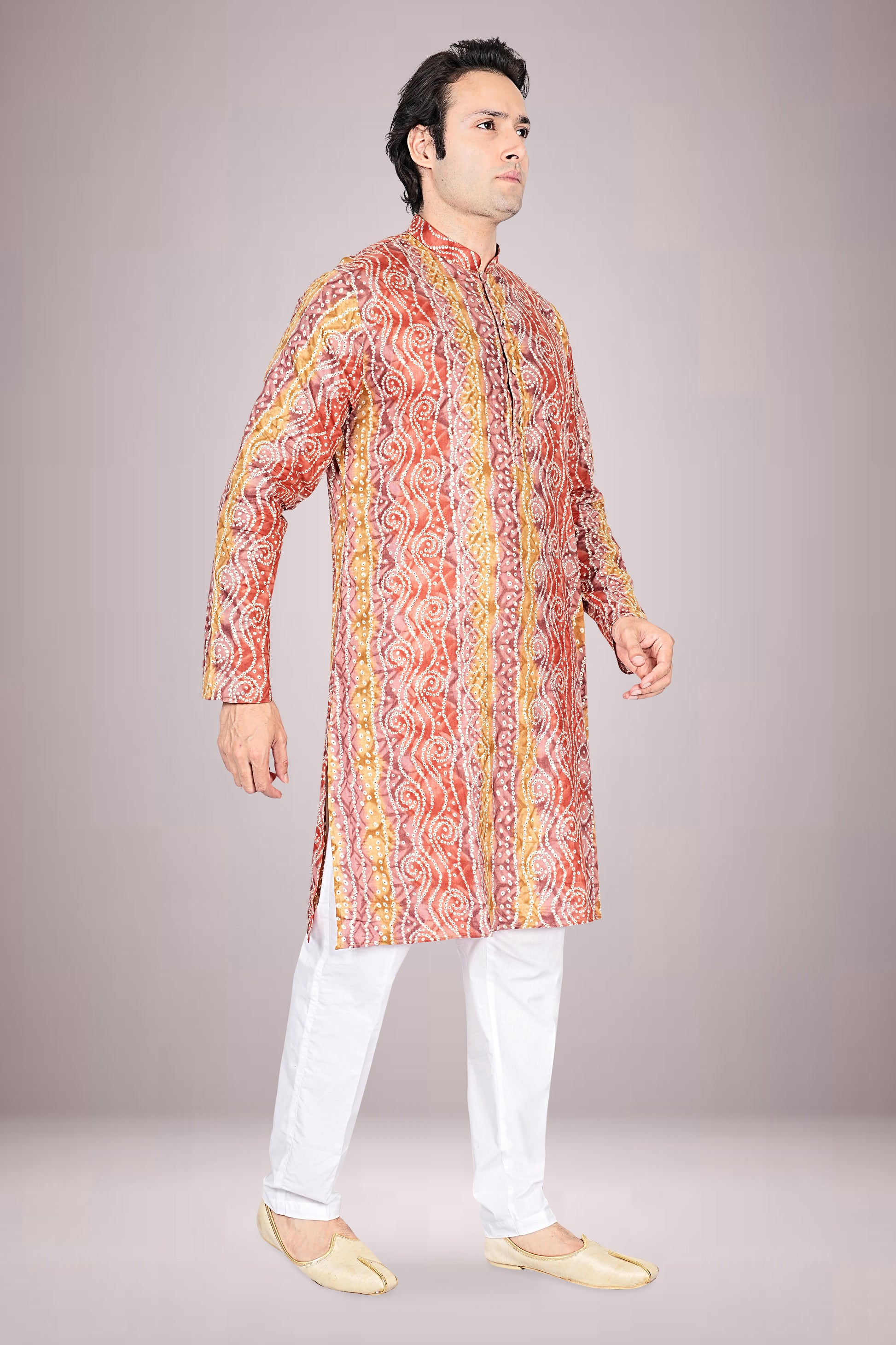 "Men's Lehariya Bandhani Cotton Printed Kurta - Perfect for Ganesh Chaturthi Celebrations"