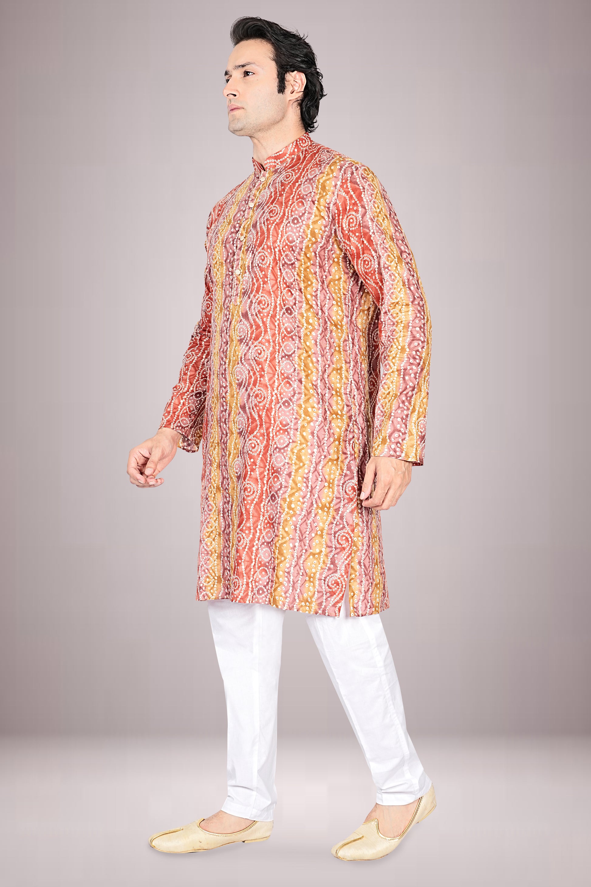 "Men's Lehariya Bandhani Cotton Printed Kurta - Perfect for Ganesh Chaturthi Celebrations"