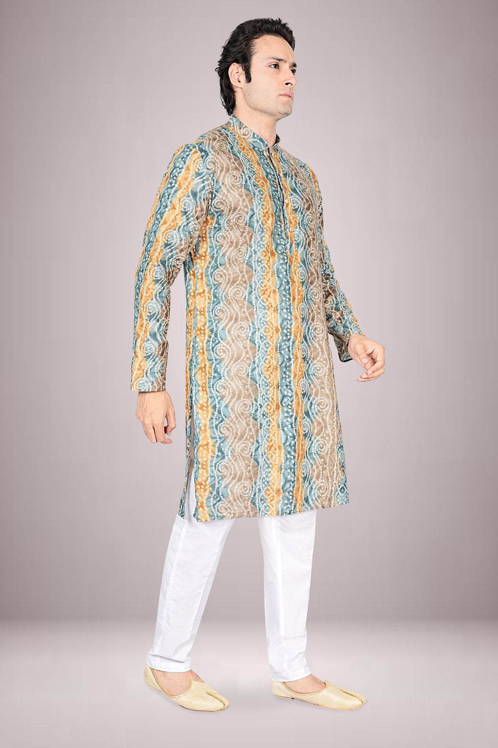 "Printed Lehariya Bandhani Cotton Kurta for Men - Ethnic Wear for Navratri Garba Nights"