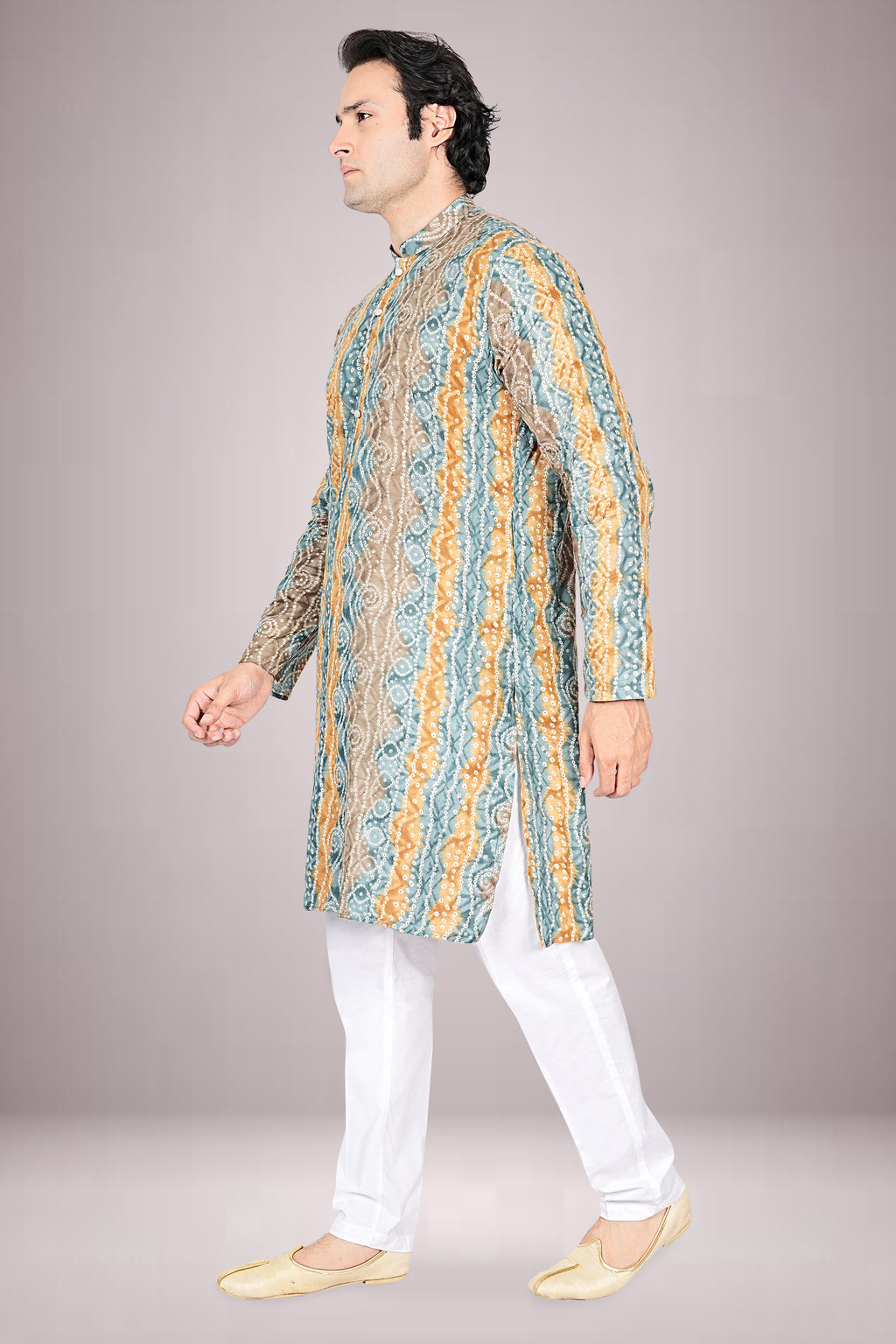 "Printed Lehariya Bandhani Cotton Kurta for Men - Ethnic Wear for Navratri Garba Nights"