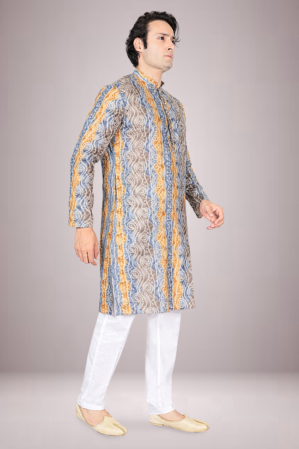 "Men's Festive Lehariya Bandhani Cotton Kurta - Elegant look for Diwali & Pujas"