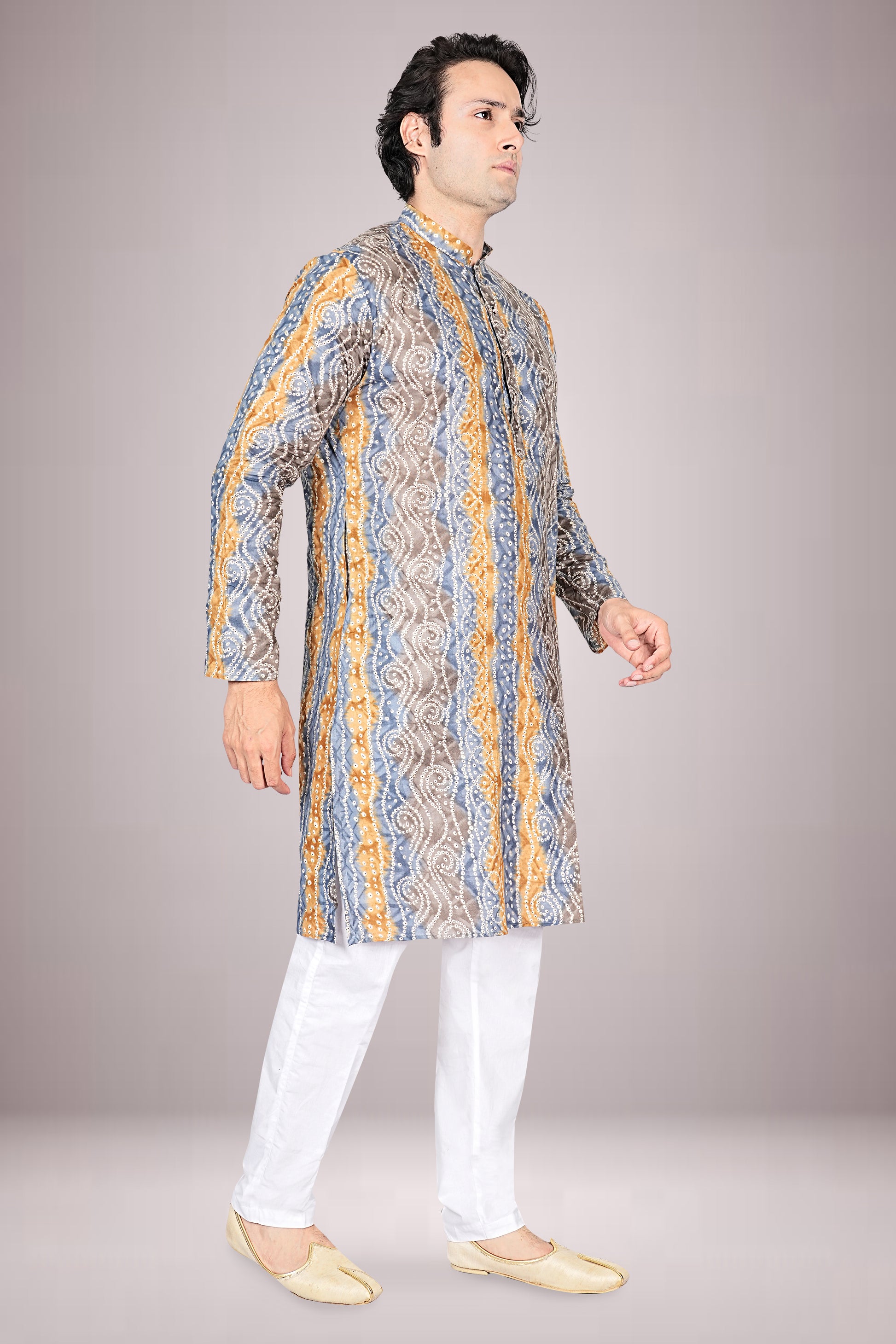"Men's Festive Lehariya Bandhani Cotton Kurta - Elegant look for Diwali & Pujas"