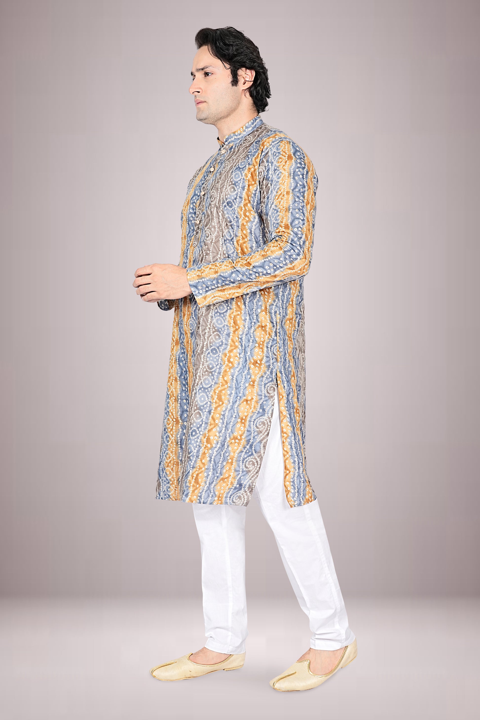 "Men's Festive Lehariya Bandhani Cotton Kurta - Elegant look for Diwali & Pujas"