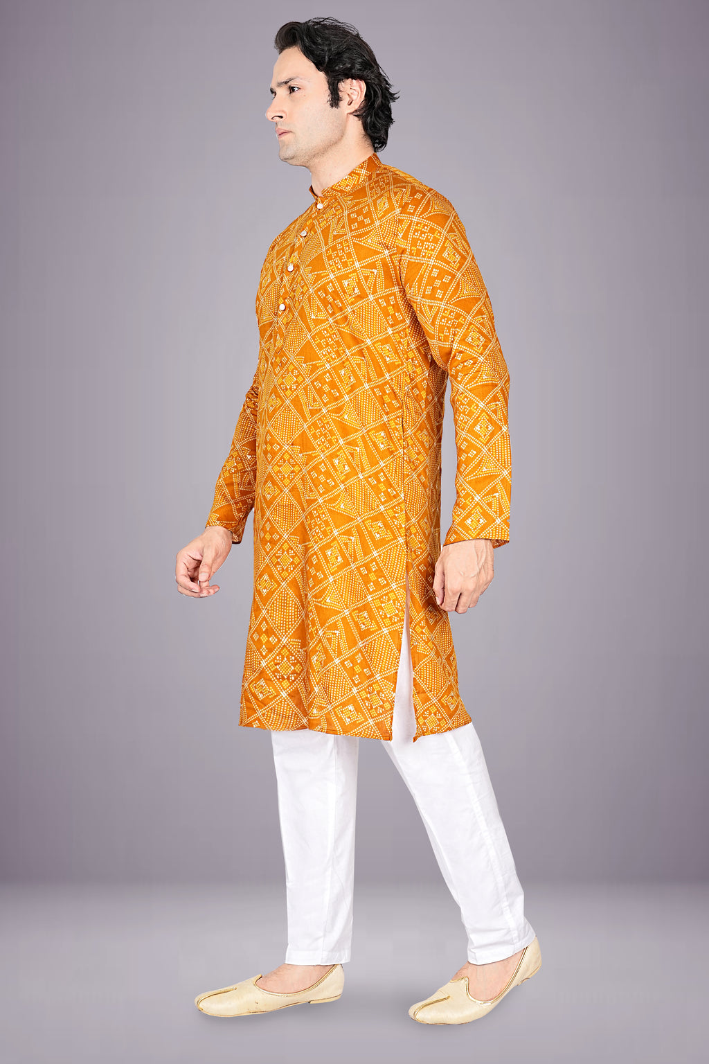 "Men's Traditional Bandhani Cotton Kurta - Ideal for Bhai Dooj Celebrations"