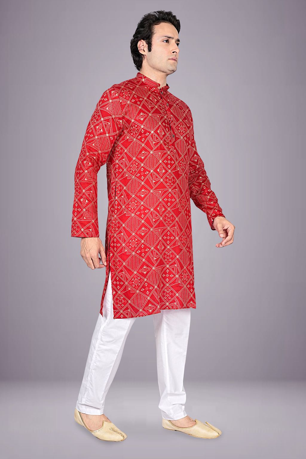 "Men's Bandhani Cotton Kurta with Traditional Prints - Ideal for Janmashtami Puja"