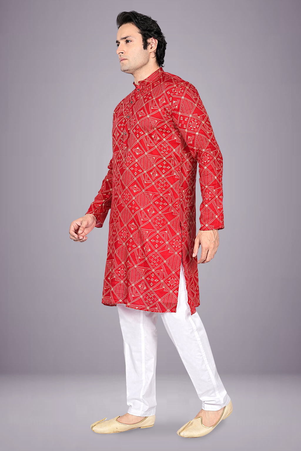 "Men's Bandhani Cotton Kurta with Traditional Prints - Ideal for Janmashtami Puja"