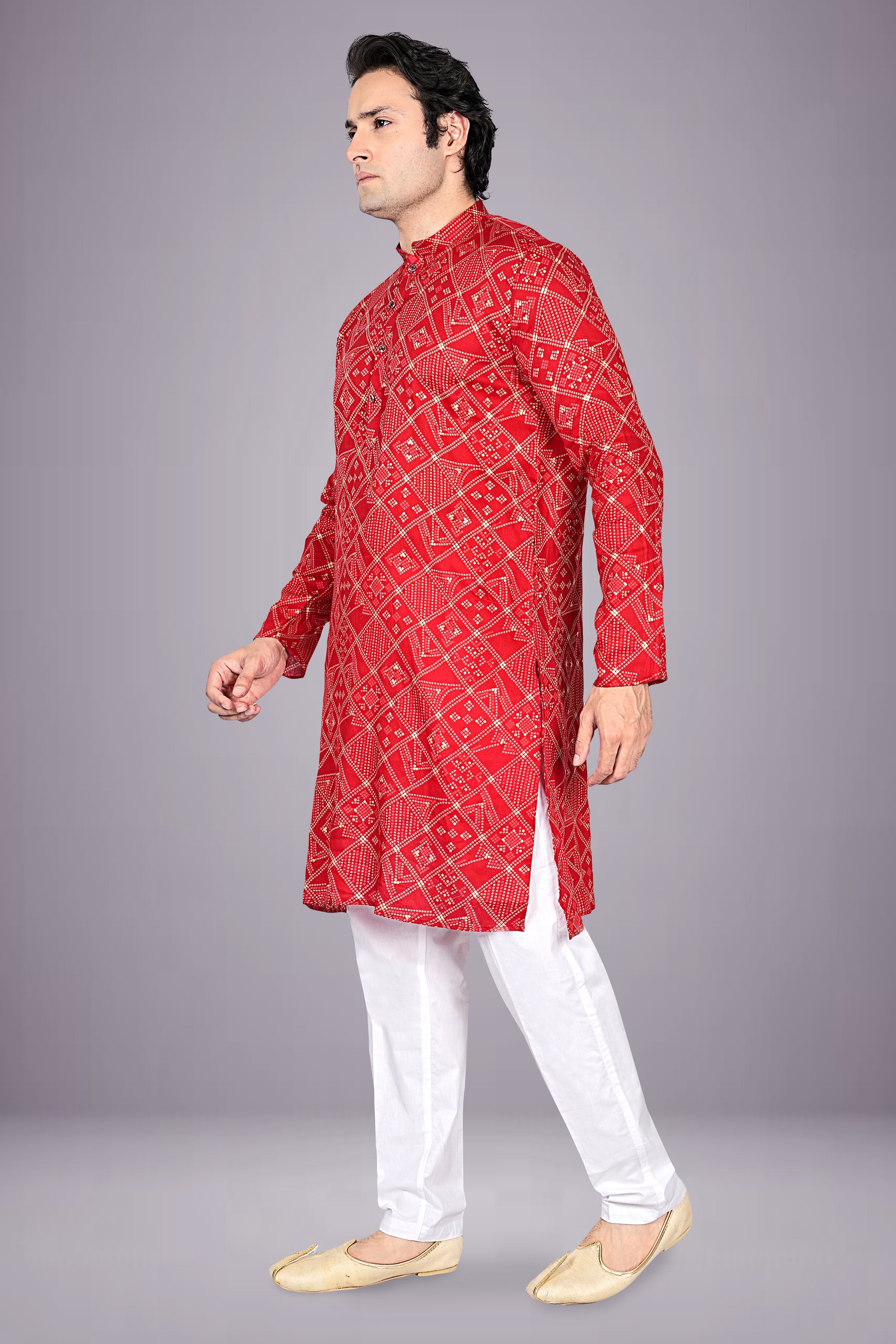 "Men's Bandhani Cotton Kurta with Traditional Prints - Ideal for Janmashtami Puja"