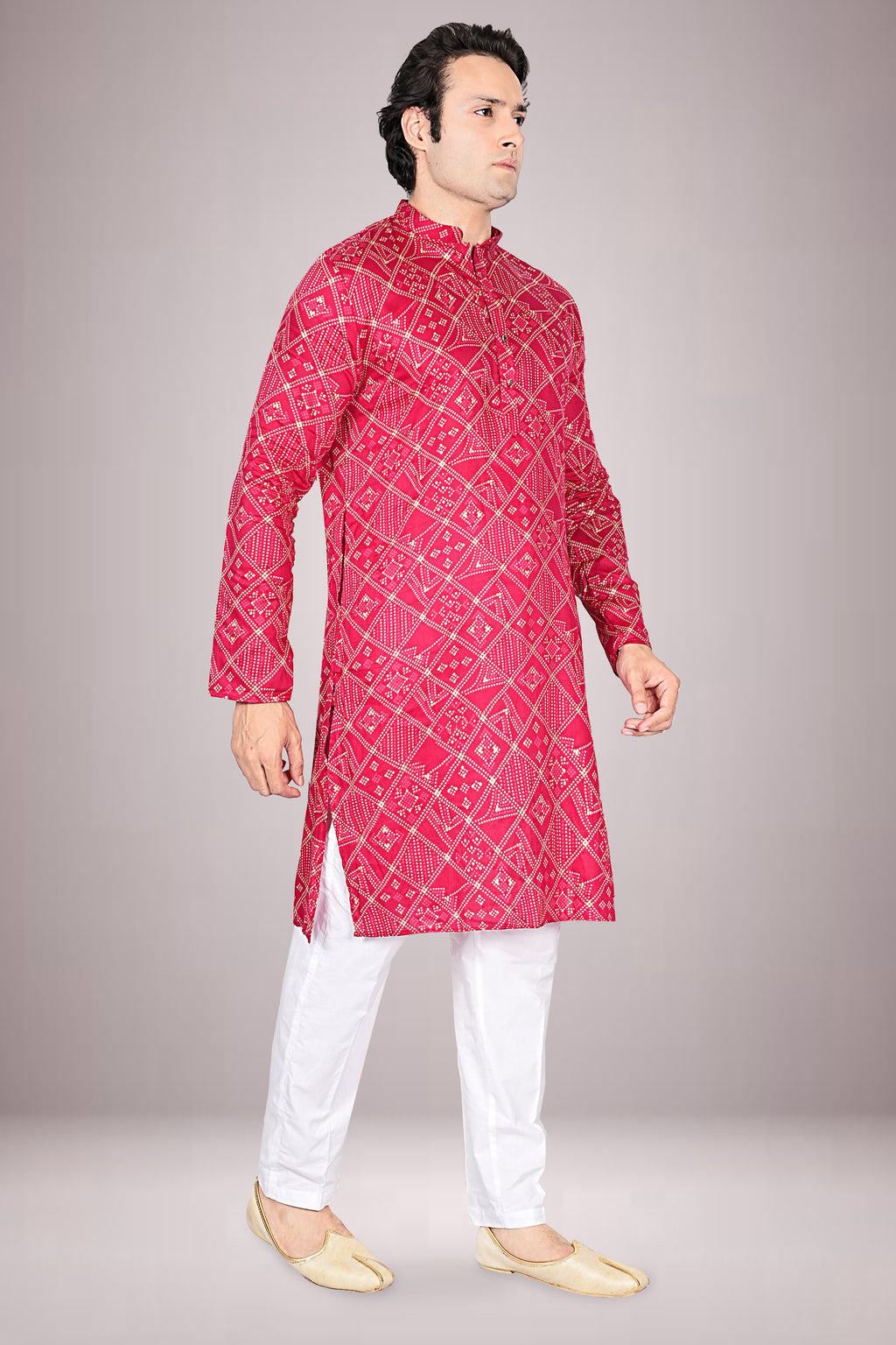 "Bandhani Printed Cotton Kurta for Men - Light Festive Wear"