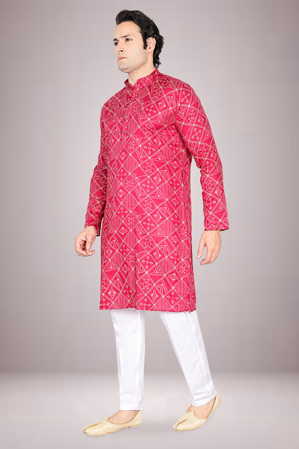 "Bandhani Printed Cotton Kurta for Men - Light Festive Wear"
