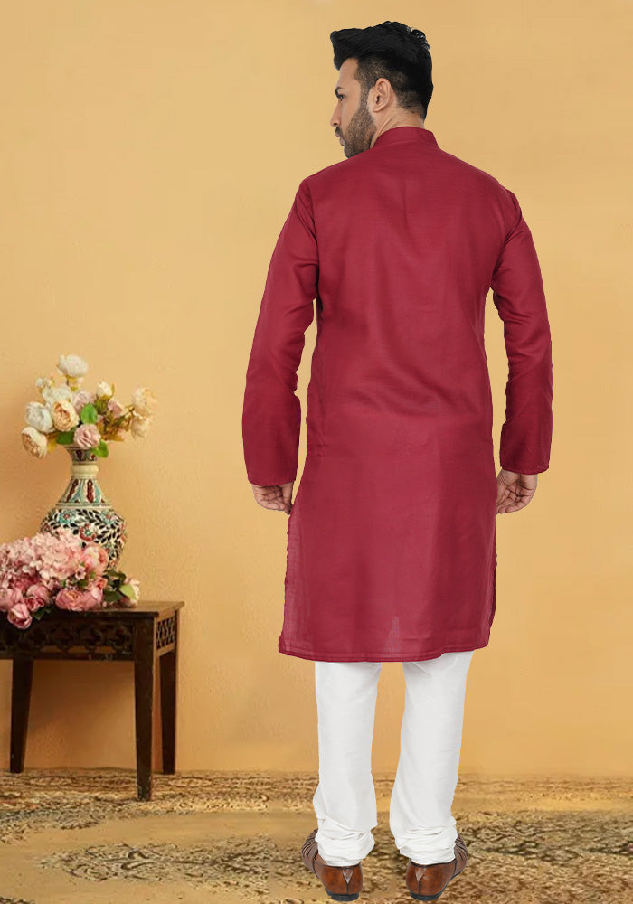 Vibrant Maroon Cotton Kurta with Stand-up Collar