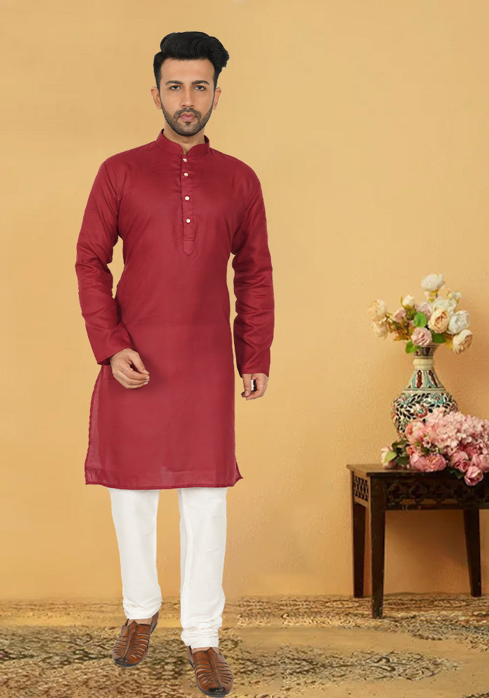 Vibrant Maroon Cotton Kurta with Stand-up Collar