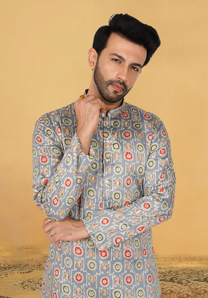 Grey Printed Cotton Kurta