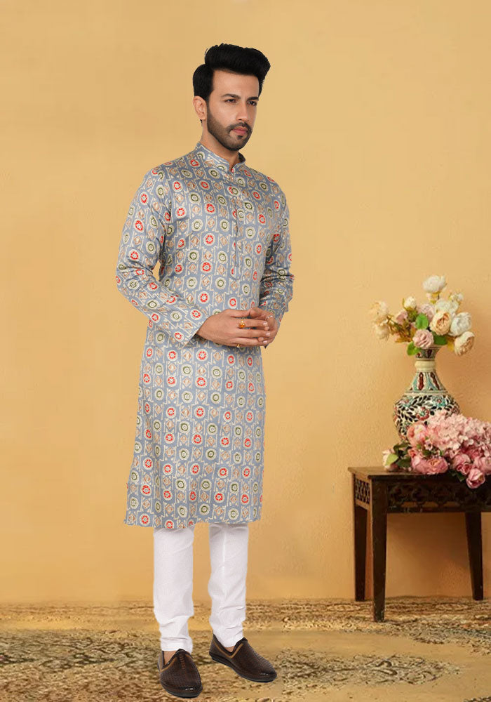 Grey Printed Cotton Kurta