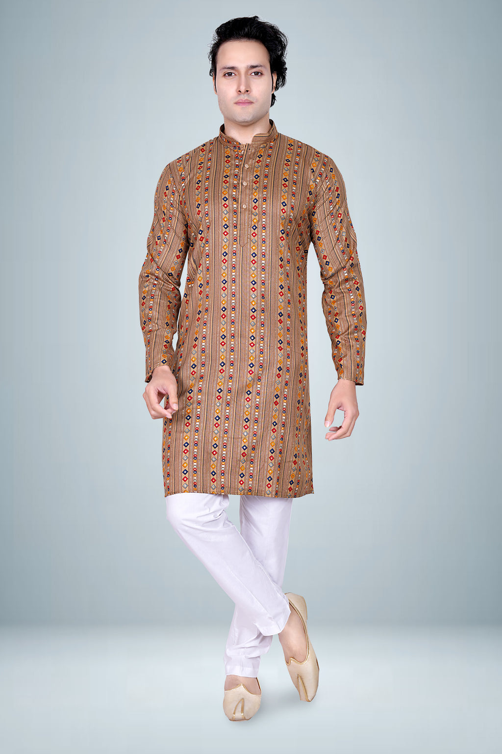 "Earthy Geometric Print Cotton Kurta for Men - Festive & Daily Wear"