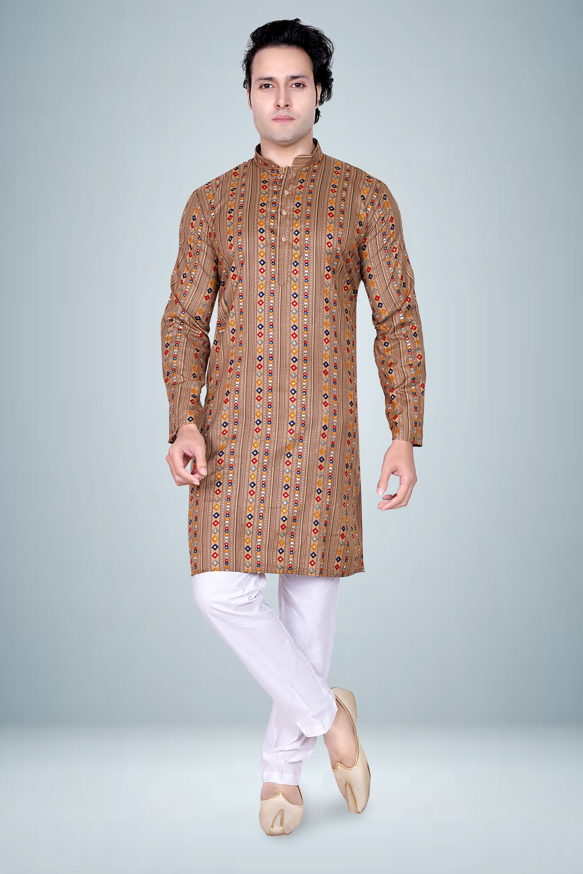 "Earthy Geometric Print Cotton Kurta for Men - Festive & Daily Wear"