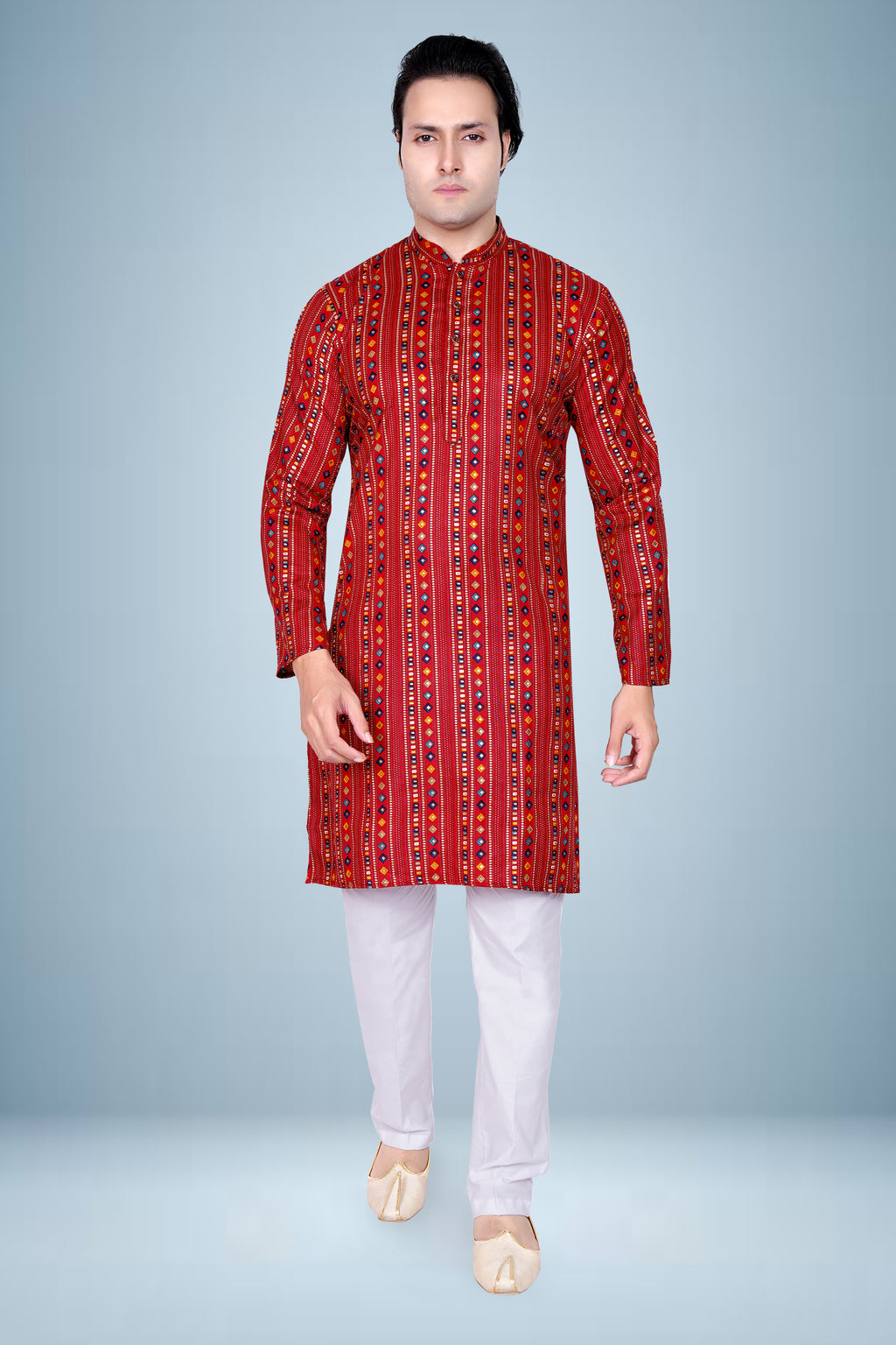 "Men's Printed Kurta in Multicolor Diamond Stripe - Cotton Comfort"