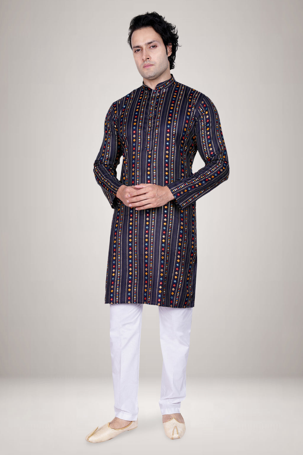 "Men's Navy Blue Kurta with Multicolor Geometric Print - Festive Wear"