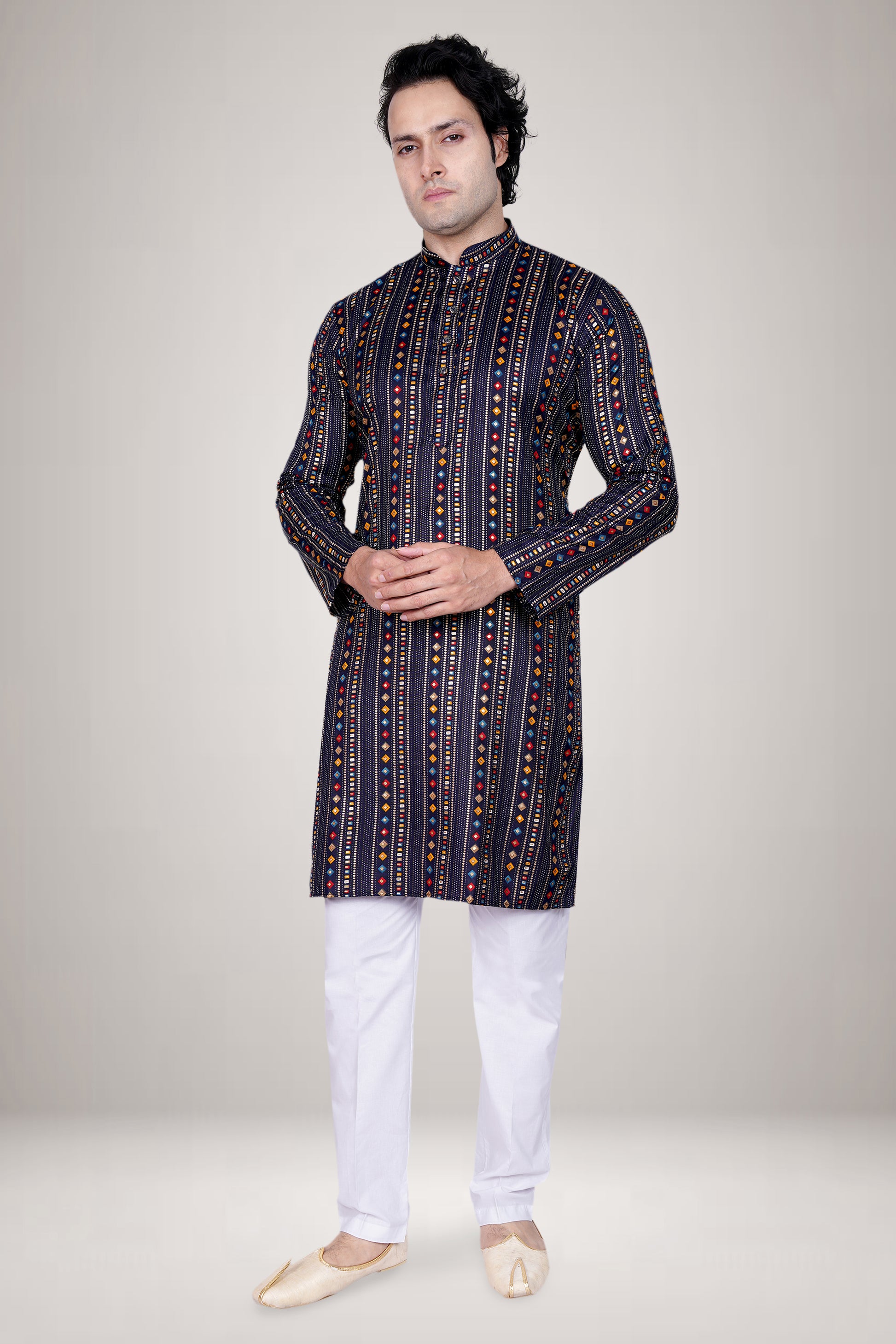"Men's Navy Blue Kurta with Multicolor Geometric Print - Festive Wear"