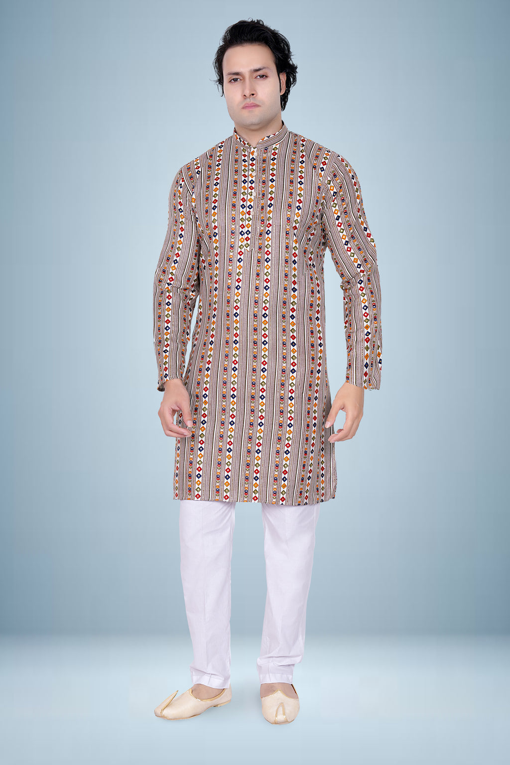 "Ikkat Inspired Geometric Print Kurta for Men's"